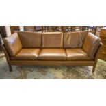 DANISH SOFA, 1970's teak framed three seater with brown leather cushions, 196cm x 77cm x 64cm H.