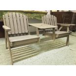 GARDEN COMBINATION BENCH, weathered teak comprising two armchairs and conjoined table, 155cm W.