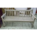GARDEN BENCH, weathered teak and slatted, 153cm W.