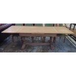 DRAWLEAF REFECTORY TABLE, vintage English limed oak, rectangular, on carved column trestle supports,