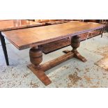 REFECTORY TABLE, 17th century style oak triple plank and cleated top on twin columns and stretcher,