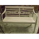 COLONIAL STYLE BENCHES, a pair, grey painted with carved pierced back, 114cm W.