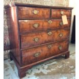 CHEST, early 18th century Queen Anne figured walnut with two short and three long drawers,
