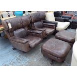 SWIVEL ARMCHAIRS, a pair, in brown leather 94cm W with matching stools 66cm W.