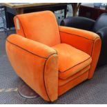 ARMCHAIR, Art Deco style in orange chenille with black piping, 91cm x 88cm D x 80cm H.