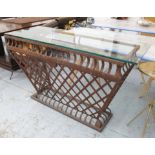 CONSOLE TABLE, French provincial style, steel with tempered glass top, 137cm x 53cm x 90cm.