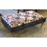 HEARTH STOOL, rectangular kilim and blue velvet upholstered on chrome castors, 110cm W x 76cm D.