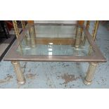 LOW TABLE, the glass top on a metal base, with four column supports, 100cm x 100cm D x 46cm H.