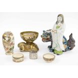 A JAPANESE KUTANI FIGURE, with a lion and various Satsuma items; and a Chinese silver napkin ring.