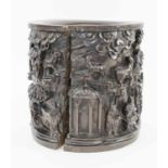 A CHINESE BRUSH POT, in hardwood, depicting a landscape scene with various figures and animals.