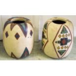 JARS, a pair, hardwood painted with African designs, 47cm H.