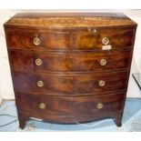 BOWFRONT CHEST, Regency flame mahogany with two short above three long well figured drawers,