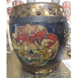 RICE BARREL, Chinese with decorative lid and applied detail, 39cm H x 39cm W.
