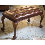 STOOL, Georgian style walnut in buttoned brown leather, 96cm W x 54cm D.