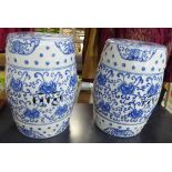 BARREL STOOLS, a pair, Chinese export style blue and white, 46cm H.