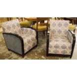 ARMCHAIRS, a pair, Art Deco style, ebonised in patterned material and blue velvet, 64cm W.