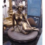 BRONZE FRENCH FEMALE FIGURE, Art Deco style, on round marble base, 19cm H x 17cm diam.