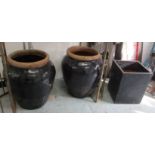 GARDEN POTS, a pair, 62cm H and a Planter 39cm square x 48cm H.