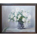 20th CENTURY SCHOOL 'White Flowers arrangements in Metal Jugs', a pair of oils on canvas, 40.