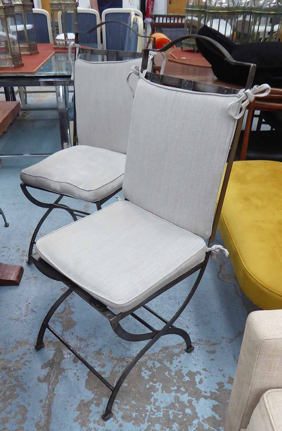 ORANGERY DINING CHAIRS, a set of six, French style with loose linin seat cushions.