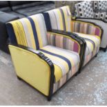ARMCHAIRS, a pair, Art Deco style in striped fabric on an ebonised frame, 64cm W.