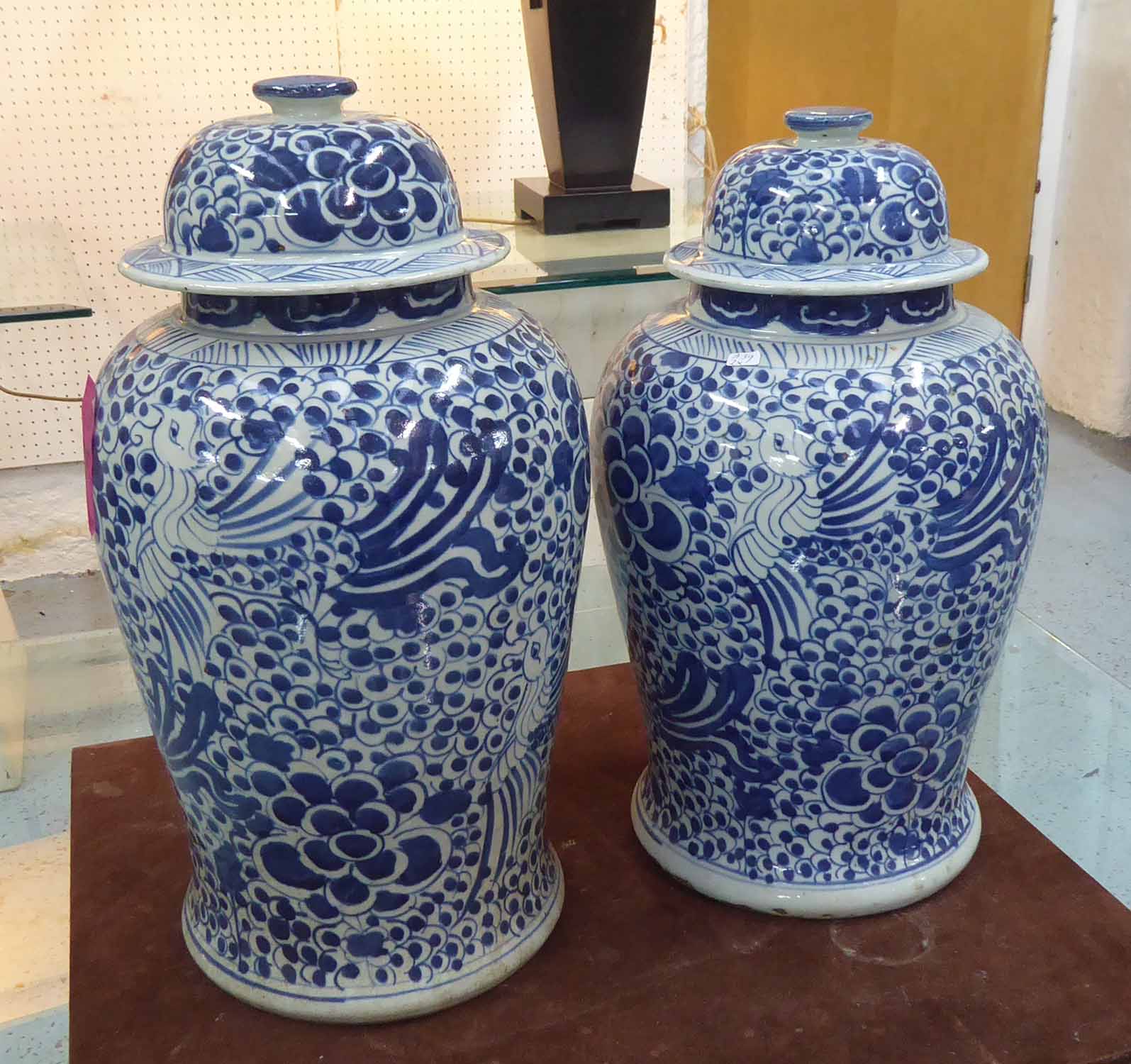 TEMPLE JARS, a pair, Chinese export style blue and white, 45cm H.