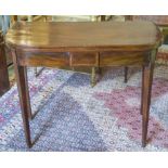 TEA TABLE, George III figured mahogany D shaped foldover with central boxwood lattice inlaid tablet,