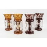 TWO PAIRS OF ANTIQUE BOHEMIAN COLOURED GLASS LUSTRES.