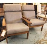 ARMCHAIRS, a pair, 1970's Danish style teak framed with new grey cotton upholstery by Guy Rogers.