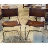 BAUHAUS STYLE DINING CHAIRS, a set of six, polished metal frames with brown leather seats, 49cm W.