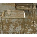 LOW TABLES, a pair, 1970's silvered metal rectangular glazed tops, 45cm x 60cm x 50cm H.