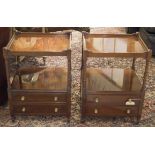 BEDSIDE/LAMP TABLES, a pair, George III style mahogany each with two tiers and two drawers,