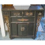 SIDE CABINET, Chinese black lacquer and floral gilt decorated with four drawers and two doors,