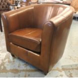 TUB ARMCHAIR, tan leather with rounded back, 75cm H x 80cm x 80cm.