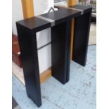 PEDESTALS, a pair, contemporary ebonised with polished metal detail, 120cm H.