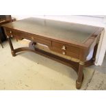 BUREAU PLAT, Empire style mahogany and brass mounted with green leather top above five drawers,
