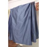 CURTAINS, a pair, in blue fabric lined with tassles, gathered each 204cm W x 263cm Drop.