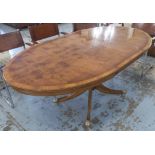 DINING TABLE, Georgian design yewwood, oval top with additional leaf on quadruped pedestal base,
