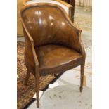 DESK/LIBRARY ARMCHAIR, George III design oak and antique studded leather 56cm W.