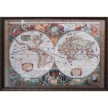 CONTEMPORARY SCHOOL, repro print of Atlas of world 1630, framed, 106cm x 75cm.