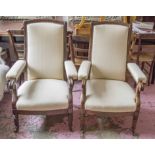 OPEN ARMCHAIRS, a pair, George IV design mahogany in cream fabric, 66cm W.