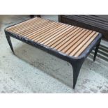 OCCASIONAL LOW TABLE, with slatted top on cast iron frame by Reeves design, 101cm x 56cm x 38cm H.