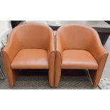 TUB ARMCHAIRS, a pair, washed piped and stitched tan leather with rounded backs,