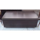 MEDIA CONSOLE, drop down flap in dark wood, with fitted glass interior, 120cm x 58cm x 46cm H.