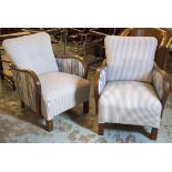 HALABALA STYLE ARMCHAIRS, a pair, beechwood in striped blue and white fabric, 67cm W.