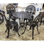GARDEN TABLE, circular in black metal plus four similar chairs, 61cm H x 66cm D.