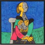 PABLO PICASSO 'Seated woman', textile, 78cm x 78cm, glazed and framed.