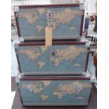 TRUNKS, a graduated set of three, vintage cartography design, 68cm widest.