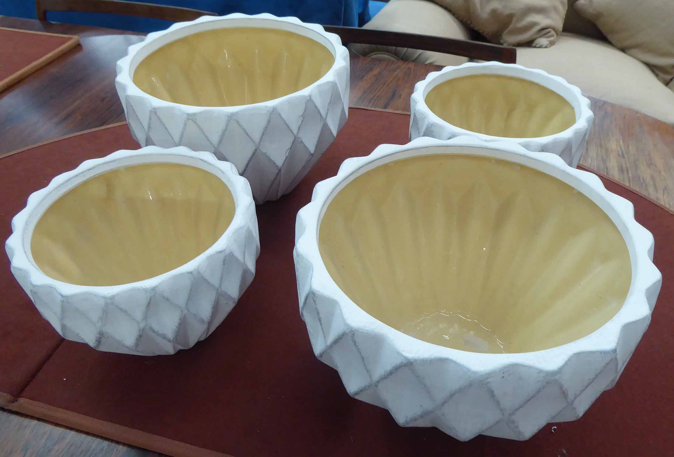 GARDEN POTS, a set of four, contemporary fluted design, 26cm diam at largest.