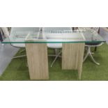 CONSOLE TABLE, rectangular bevelled edged glass raised upon twin travertine marble angled supports,